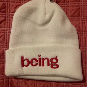 White Beanie Hat with Red "being" Embroidery